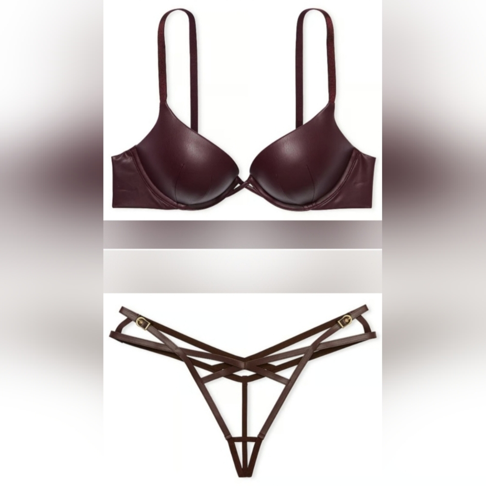 38D/L VS Faux Leather Bombshell PushUp Bra Crotchless Panty Set